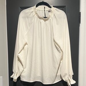 LOFT Cream Long-Sleeve Smocked Neck Blouse